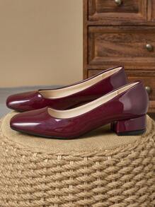 Sapatos femininos de salto alto, bico quadrado, slip-on, casuais, retrô, versáteis, de alta qualidade, para férias, viagens, compras, atividades ao ar livre, vinho tinto
