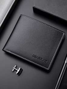 1pc Men's Short Wallet, Fashion Short Soft Wallet, Bifold Coin Purse, Large Capacity Multi-Card Slots, Can Store Large Bills, ID & Photo Slots, Letter Decor, Minimalist Men's Leather Wallet, Credit/Debit Card & ID Slots, Business Casual Style, Ideal Gift For Men, Suitable For Young Men & Students