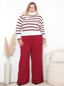 Striped High Neck Knit Blouse - 紅白色 - 查看 3