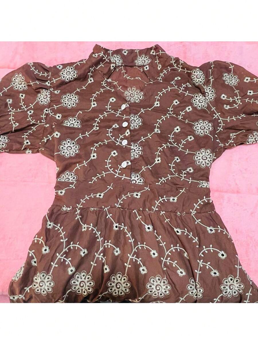 Women's Fashion Midi Dress In 3D Laise Fabric With Elastex On The Back And Button On The Front And Lining - Rust Brown - View 1