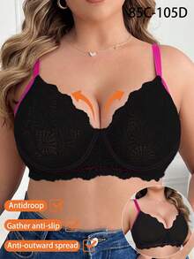 Plus Size Women Lace Patchwork Underwire Lingerie Bra, Comfortable Underwear With Supportive Design - Black - View 6