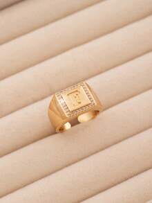 1pc Luxury Style 26 Letter Block Single-Sided Exquisite Cubic Zirconia Embellished Open Ring, Delicate Jewelry Accessory Suitable For Teenagers Daily Wear, 26 Initial Letter Ring Is An Ideal Gift For Friends - Gold - View 29