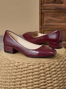 Sapatos femininos de salto alto, bico quadrado, slip-on, casuais, retrô, versáteis, de alta qualidade, para férias, viagens, compras, atividades ao ar livre, vinho tinto