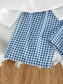 青少年女孩户外蝴蝶结 T 恤和格子裤两件套，休闲夏季 - 白色 - 查看 6