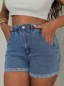 Traditional Denim Shorts With Elastic Waistband - Blue - View 4
