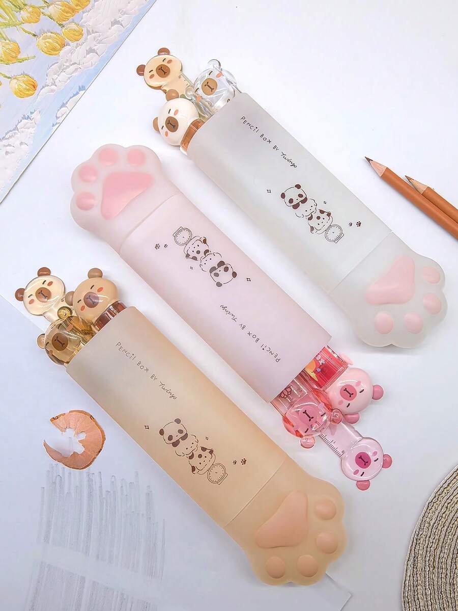 4pcs Cute Stationery Gift Set, Including Cat Paw Pencil Case, Capybara Ruler, Capybara Eraser, Capybara Pencil Sharpener, Capybara Stationery Storage Pen Box - Multicolor - View 1