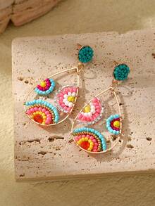 1 Par De Aretes De Estilo Bohemio Con Patrón De Flores De Abalorios - Multicolor - Ver 5