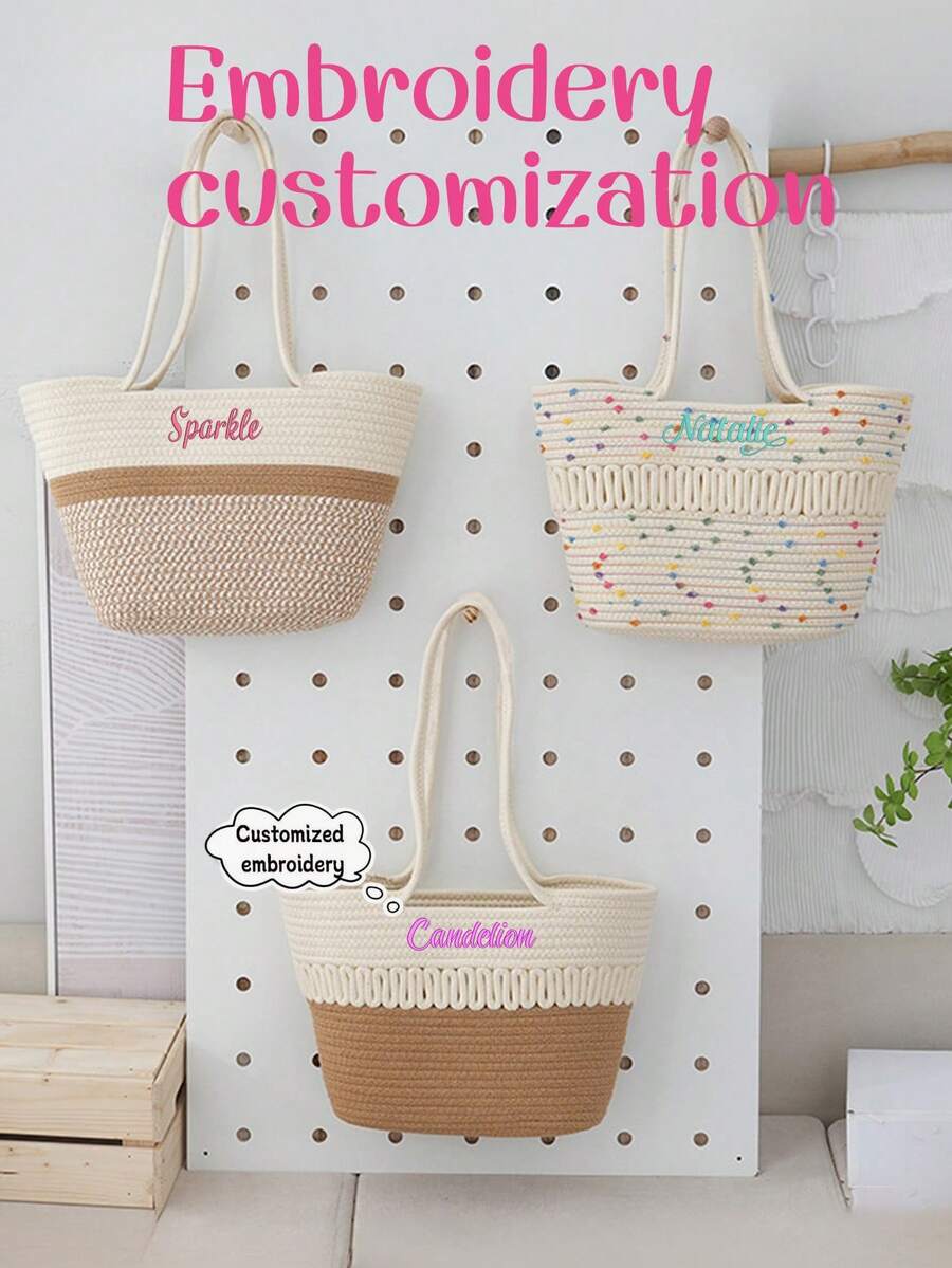 1pc Customized Embroidered Woven Beach Basket Bag For Women, Fashion Versatile Shoulder Tote Bag, Suitable For Beach Trip, Everyday Use, Gifts For Family, Friends, Mother, Partner, Great For Mother's Day, Valentine's Day, Nurses Day, Teacher's Day, Christmas, Birthday, School Supplies, For Teacher, For Boys And Girls, For Teenagers, Junior High School Students, Middle School Students, High School Senior High School Students, College Students, University Students, Freshman, Sophomore, Underclassmen - Multicolor - View 1