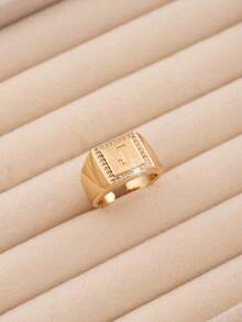 1pc Luxury Style 26 Letter Block Single-Sided Exquisite Cubic Zirconia Embellished Open Ring, Delicate Jewelry Accessory Suitable For Teenagers Daily Wear, 26 Initial Letter Ring Is An Ideal Gift For Friends - Gold - View 28