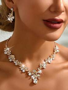 3pcs Fashionable & Elegant Rhinestone, Blue Crystal Pendant Necklace & Earrings Set, Women Jewelry Set, Bridal Jewelry Set, Party, Christmas, New Year Gift - Gold Blue - View 13