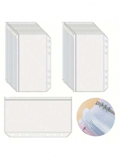 20 piezas/10 piezas - Bolsillos de carpeta tamaño A6, carpeta con cremallera transparente de 6 agujeros para presupuestar, sobre de presupuesto de plástico con anillas de 6 para carpeta de presupuesto, bolsa de archivo impermeable de PVC