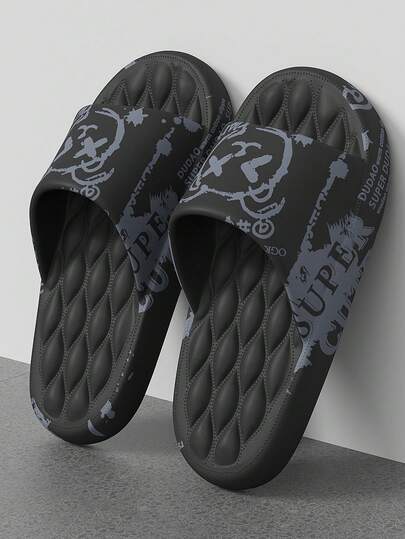 春夏卡通熊印花拖鞋，室内外沙滩休闲黑白熊图案，尺码36-49，随机印花位置，卡其色