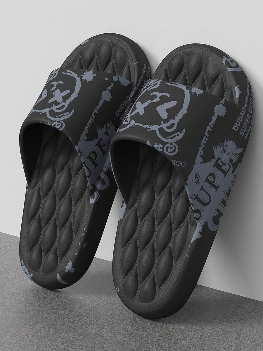 Unisex Cartoon Bear Print Slippers, Indoor Outdoor Beach Black & White Bear, Plus Size 36-49 Men's Casual Sandals, Random Print Placement, Khaki