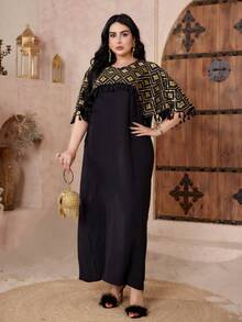 2026新款斋月传统优雅奢华金色串珠刺绣花卉边饰圆领女式长袍 - 黑色 - 查看 3