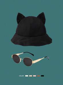 1 Set Bucket Hat, Sunglasses & Foldable Cartoon Cat Ear Sun Hat, Outdoor Casual Fashion Accessories, Spring/Summer - Multicolor - View 9