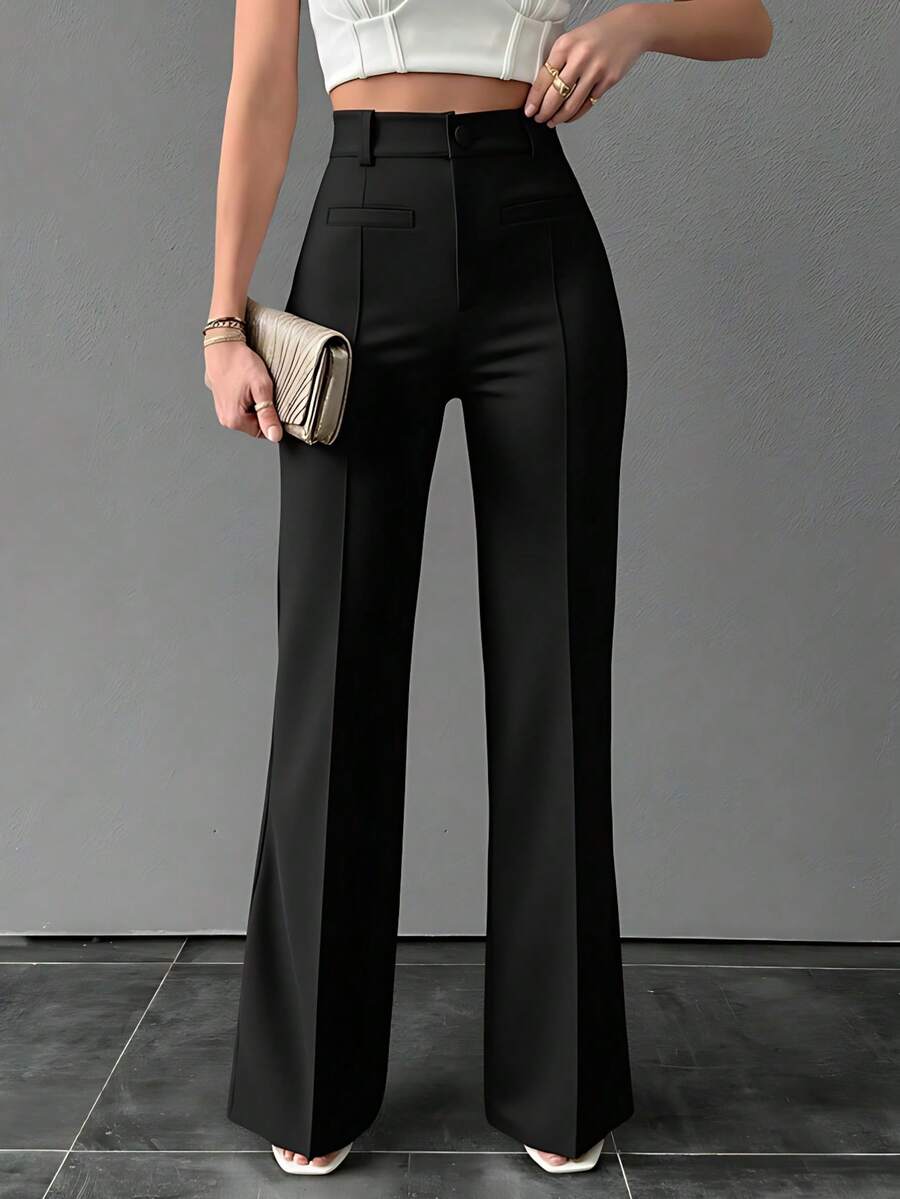 Liu Fashion Women's Wide Leg Pants With Fake Pocket, Formal And Elegant - 黑色 - 查看 1