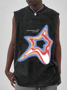 Plus Size Men's Casual Y2K Streetwear Star & English Letter Print Round Neck Washed Tank Top, Versatile Sleeveless Top For Daily Wear, Spring/Summer - Black - View 1