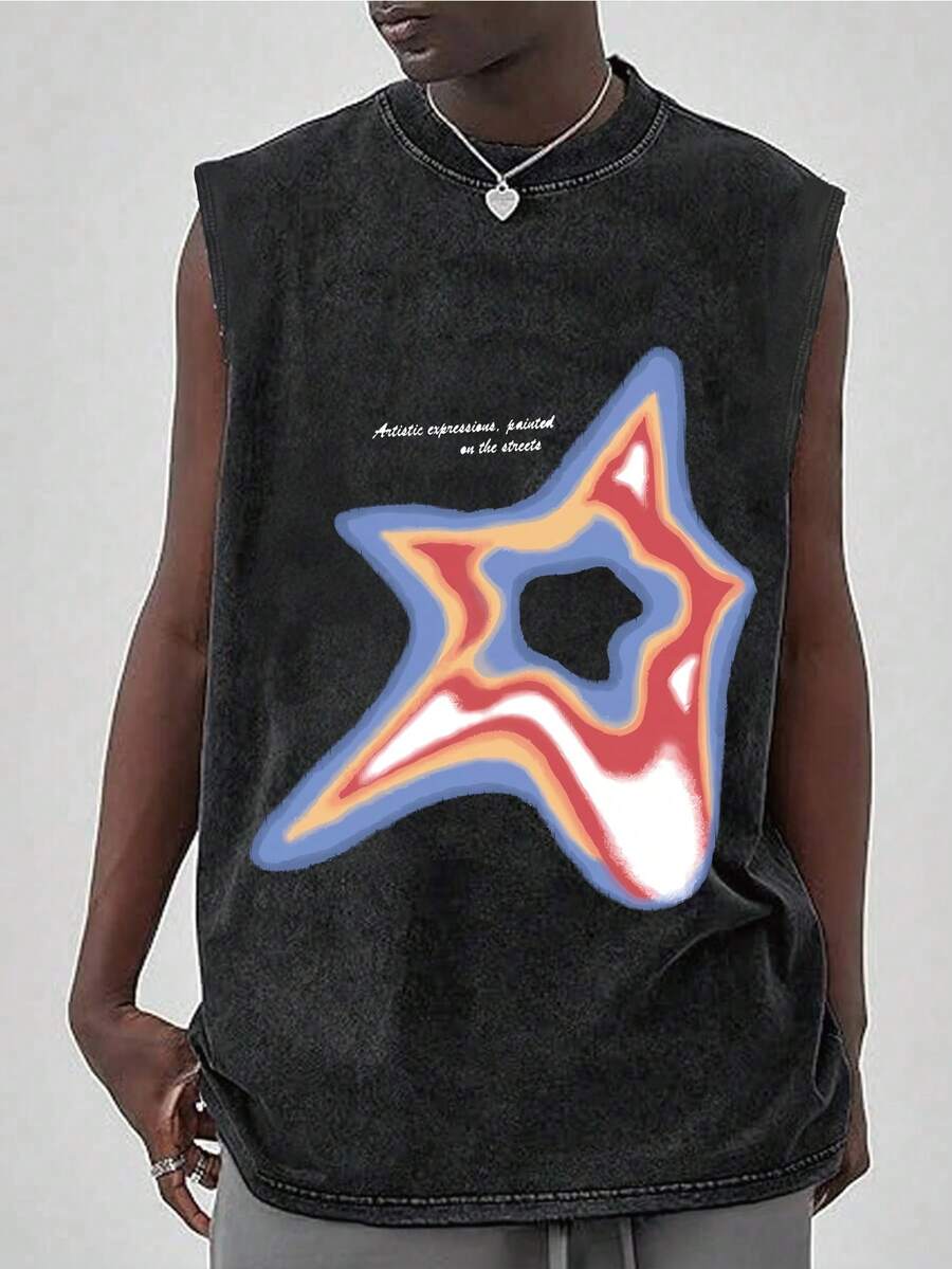 Plus Size Men's Casual Y2K Streetwear Star & English Letter Print Round Neck Washed Tank Top, Versatile Sleeveless Top For Daily Wear, Spring/Summer - Black - View 1