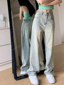 Straight Leg Loose Fitting Distressed Pocket Design Jeans, Ankle Length Pants