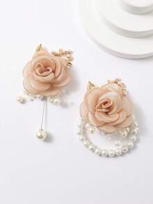 1pc Champagne Tea Flower Brooch + 1pc Wrist Corsage Set, Beige Rose Decor Bride, Bridesmaid, Wedding, Party, Daily Floral Accessory - Champagne - View 8