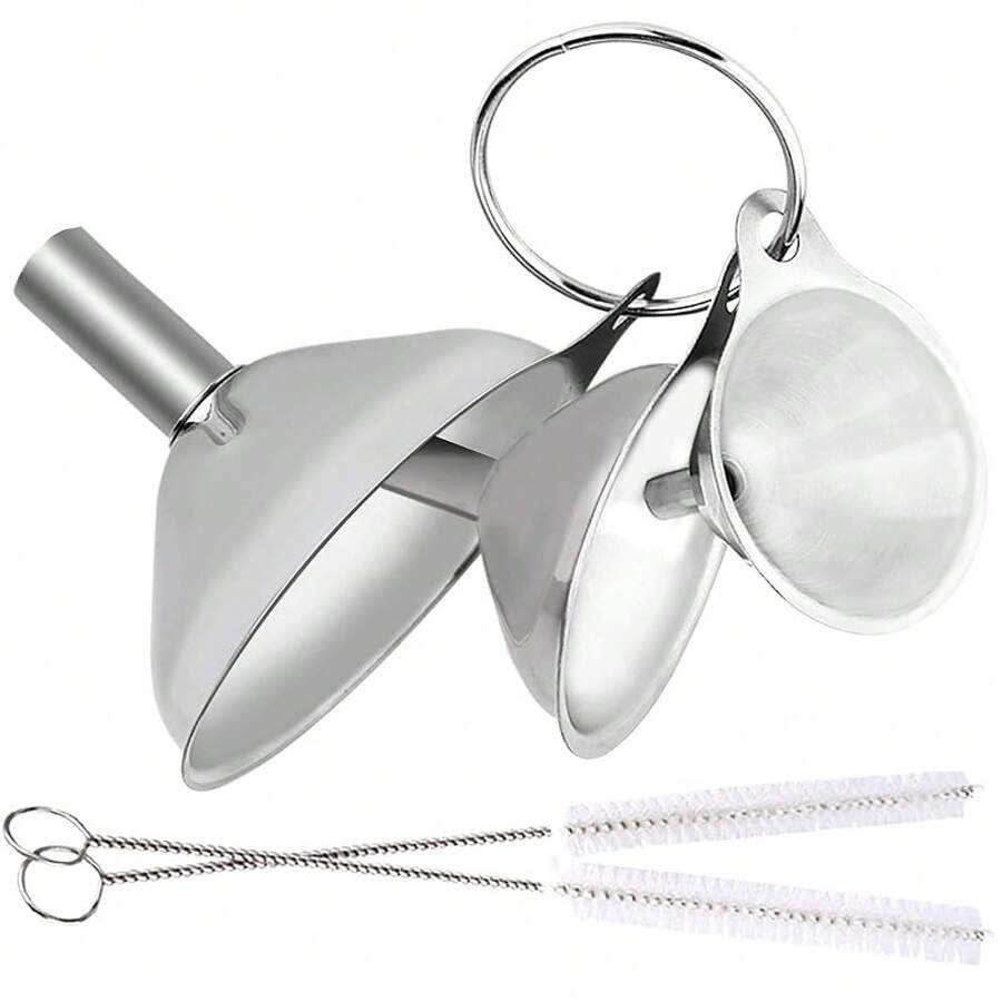 Metal Stainless Steel Funnel, Large Medium Small Funnel Set Of 3,  Mini Funnels For Kitchen Use Filling Bottles Flask Cooking, 2 Brushes - 3 Pcs Funnel Set - View 1