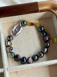 1 chiếc vòng tay ngọc trai óng ánh hình dạng bất đối xứng Baroque nước ngọt tự nhiên, màu đen và xanh lá cây công - Nhiều màu - Xem 6