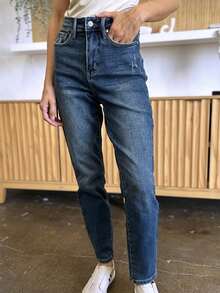 Women's Casual Jeans Urban Tummy Control High-Waisted Denim Pants Medium Blue Full Length Button And Zipper Closure Stretch Fit For Casual Everyday Wear