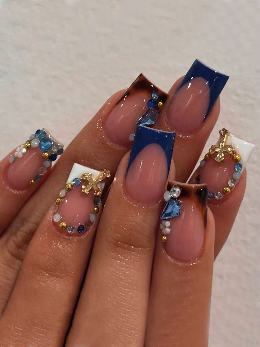 24 片短方形水晶指甲礼盒装 夏季清爽蓝色指甲 棕色复古豹纹白色小花牛奶日间蓝钻石金钢珠酷黑法式尖头指甲派对便携假指甲带果冻胶 1 片摩擦条 1 片美甲用品指甲 - 彩色 - 查看 1