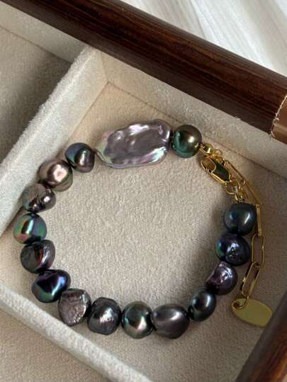 1pc Natural Baroque Freshwater Asymmetrical Shaped Iridescent Pearl Bracelet, Black & Peacock Green