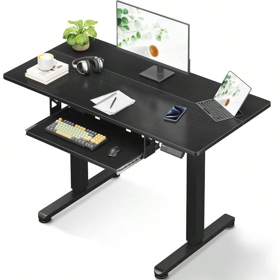 Casaottima Electric Standing Desk With Keyboard Tray, 40 Inch Height Adjustable Small Table, Sit Stand Table, Writing Computer Desk For Home, Office, Workstation, White - Black - View 1