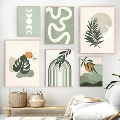 1 Stück abstrakte boho-Mond Wandkunst Salbeigrün botanisches Leinwandbild skandinavische Poster Wohnzimmerdekoration wahlweise mit Rahmen