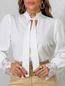 Elegant Women's Formal Blouse V Neck With Bow Lace Embroidered Blouse, Flared Sleeve Blouse, Lace Women's Tops - trắng - Xem 1