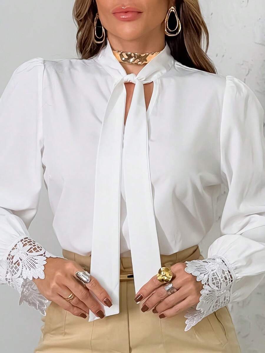 Elegant Women's Formal Blouse V Neck With Bow Lace Embroidered Blouse, Flared Sleeve Blouse, Lace Women's Tops - trắng - Xem 1