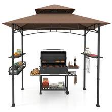 8 X 5 FT BBQ Grill Gazebo W/ 2 Side Shelves Storage Basket Hanging Hooks Outdoor - Brown and Black - View 10