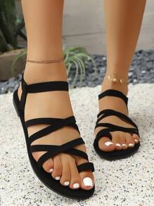 Women Fashionable Flat Sandals, Elegant Solid Color Criss-Cross Design, Charming, Suitable For Various Occasions, Vacation & Beach