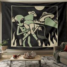 1 pezzo Tappezzeria da parete in poliestere a tema alieno, design UFO, per decorazione della casa nel soggiorno o camera da letto, colori nero e verde, tema cosmico unico e elegante, tessuto leggero, tappezzeria da appendere alla parete