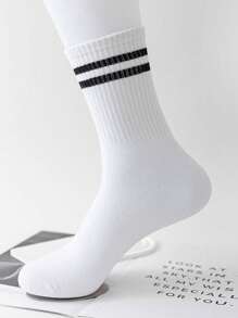 3 Pairs Women Striped Pattern Mid-Calf Socks, White Knee-High School Socks