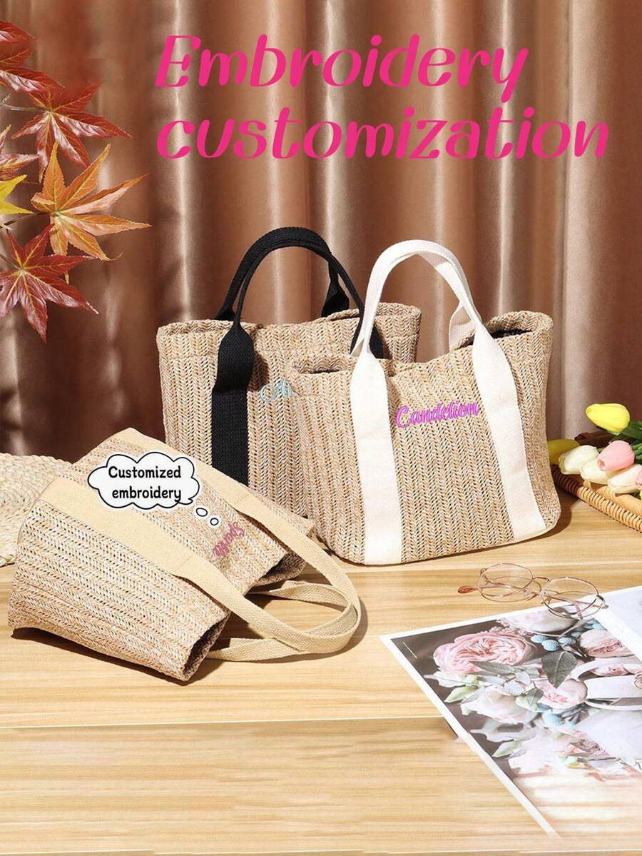 1pc Personalized Handmade Woven Tote Bag For Women, Fashion Versatile Work Commute Handbag, Large Capacity Portable Organizer Bag, Travel Beach Bag, Multifunctional Shopping Bag With Embroidered Custom Letter, Suitable For Daily Use, Can Be Gifted To Family, Friends, Mother On Mother's Day, Valentine's Day, Nurse Day, Teacher's Day, Christmas, As A Customized Birthday Gift - Multicolor - View 1