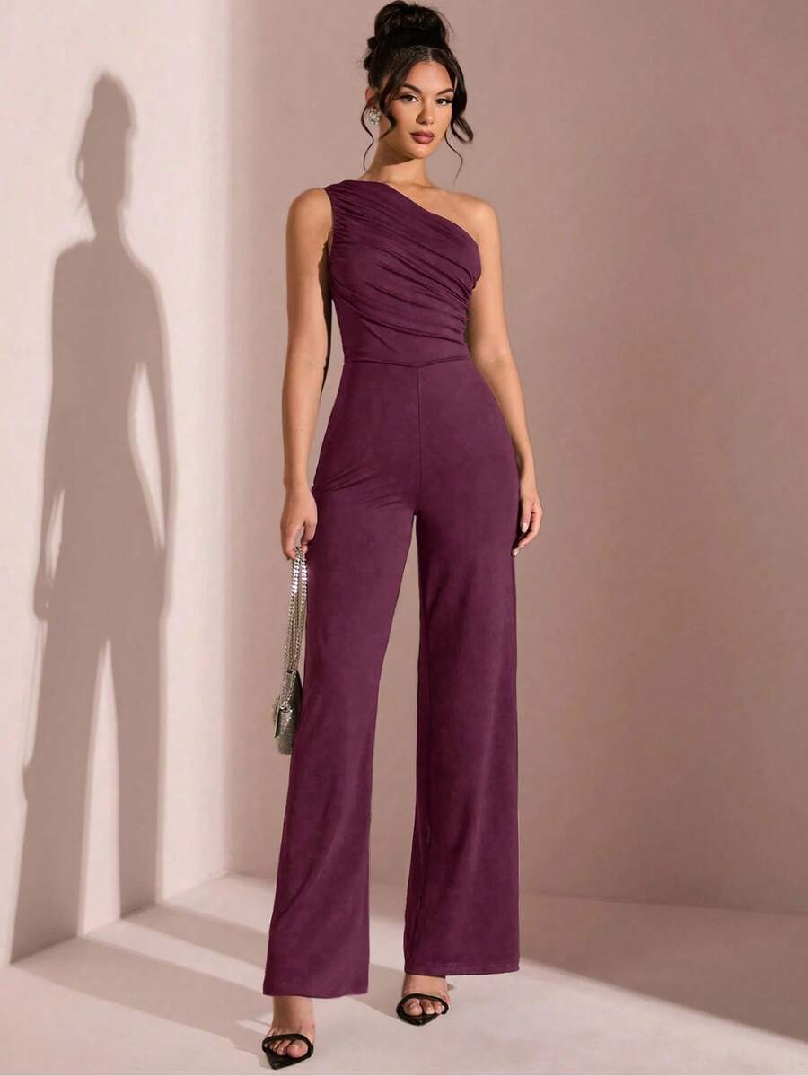 Swisz Women's Casual Asymmetrical Pleated Wide Leg Jumpsuit With Long Tank Top - 酒紅色 - 查看 1