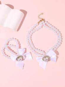 2pcs/Set Girl's Faux Pearl & Bow Decor Necklace & Bracelet Set - Pearl Beads - View 4