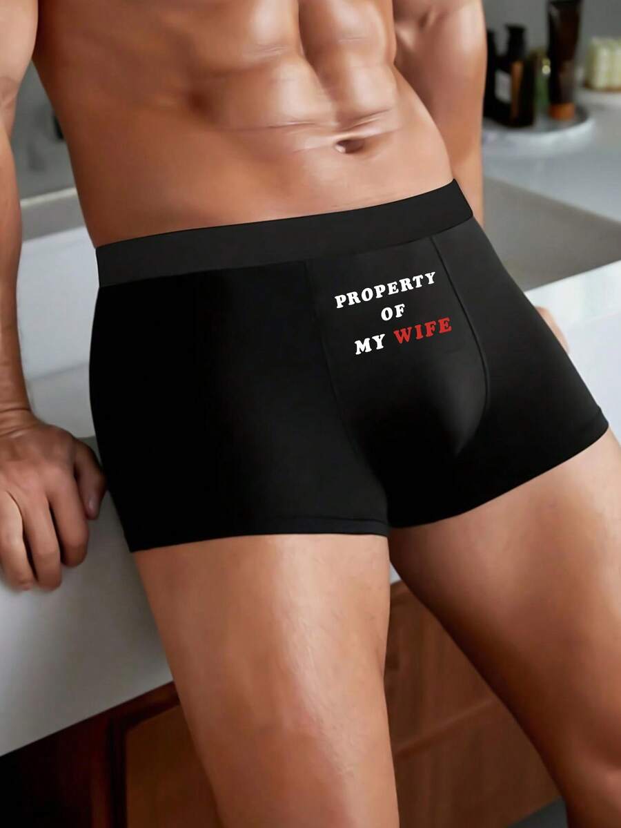 Men's Letter Print Underwear, Comfortable, Highly Elastic, Breathable, Lightweight, Great Gift For Husband - Black - View 1