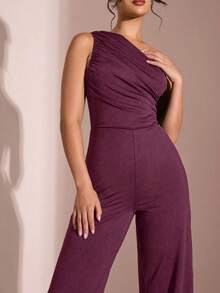 Swisz Women's Casual Asymmetrical Pleated Wide Leg Jumpsuit With Long Tank Top - 酒紅色 - 查看 4