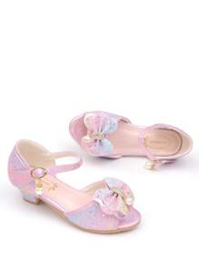 Girls' Crystal High Heel Sandals, Princess Shoes With Bowknot, Colorful Dress Shoes With Sequins