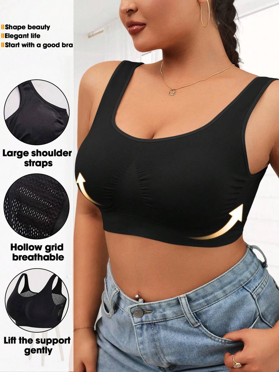 Push-Up Bras For Women With Padding No Underwire Breathable Hollow Out Seamless Wireless Sports Bra - Black - View 1