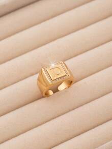 1pc Luxury Style 26 Letter Block Single-Sided Exquisite Cubic Zirconia Embellished Open Ring, Delicate Jewelry Accessory Suitable For Teenagers Daily Wear, 26 Initial Letter Ring Is An Ideal Gift For Friends - Gold - View 10