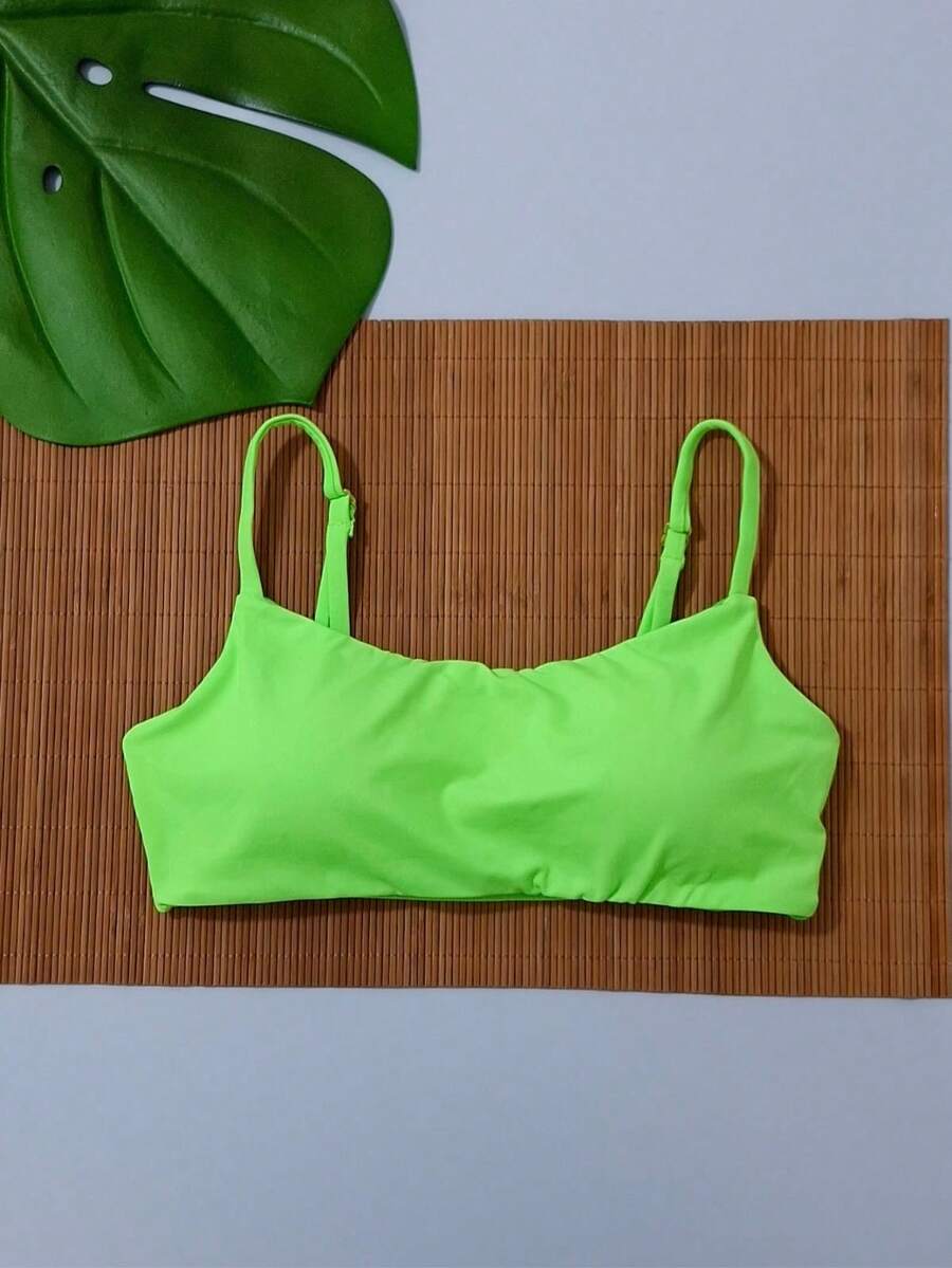 Bikini Top Simple Bandeau Thin Straps With Removable Pads And Separate Polyamide Adjuster - Lime Green - View 1