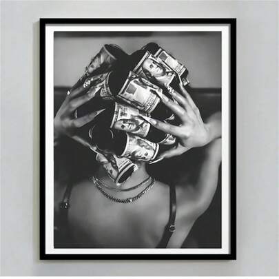 1pc Black Art, Fashion Woman Art, Wall Art, Money On The Head Canvas Painting Art Prints Poster Wall Picture Decor For Home Gifts, Living Room, Bathroom, Bedroom, Kitchen Holiday & Birthday Gift, Office Decoration Arranged Artwork Optional Frame ,Wall Art With Frame