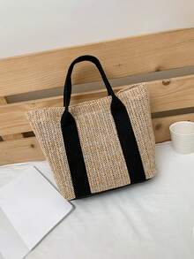 1pc Personalized Handmade Woven Tote Bag For Women, Fashion Versatile Work Commute Handbag, Large Capacity Portable Organizer Bag, Travel Beach Bag, Multifunctional Shopping Bag With Embroidered Custom Letter, Suitable For Daily Use, Can Be Gifted To Family, Friends, Mother On Mother's Day, Valentine's Day, Nurse Day, Teacher's Day, Christmas, As A Customized Birthday Gift - Multicolor - View 14