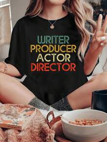 Summer Tops, Gifts Movie Theater T-Shirt Graphic Print Solid T-Shirt, Women's Casual Short Sleeve Top For Spring & Summer, Women Graphic T-Shirts - Black - View 1