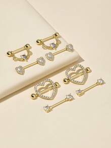 4pcs Heart & Tiny Heart Shaped CZ Stainless Steel Pierced Nipple Rings - Gold - View 2